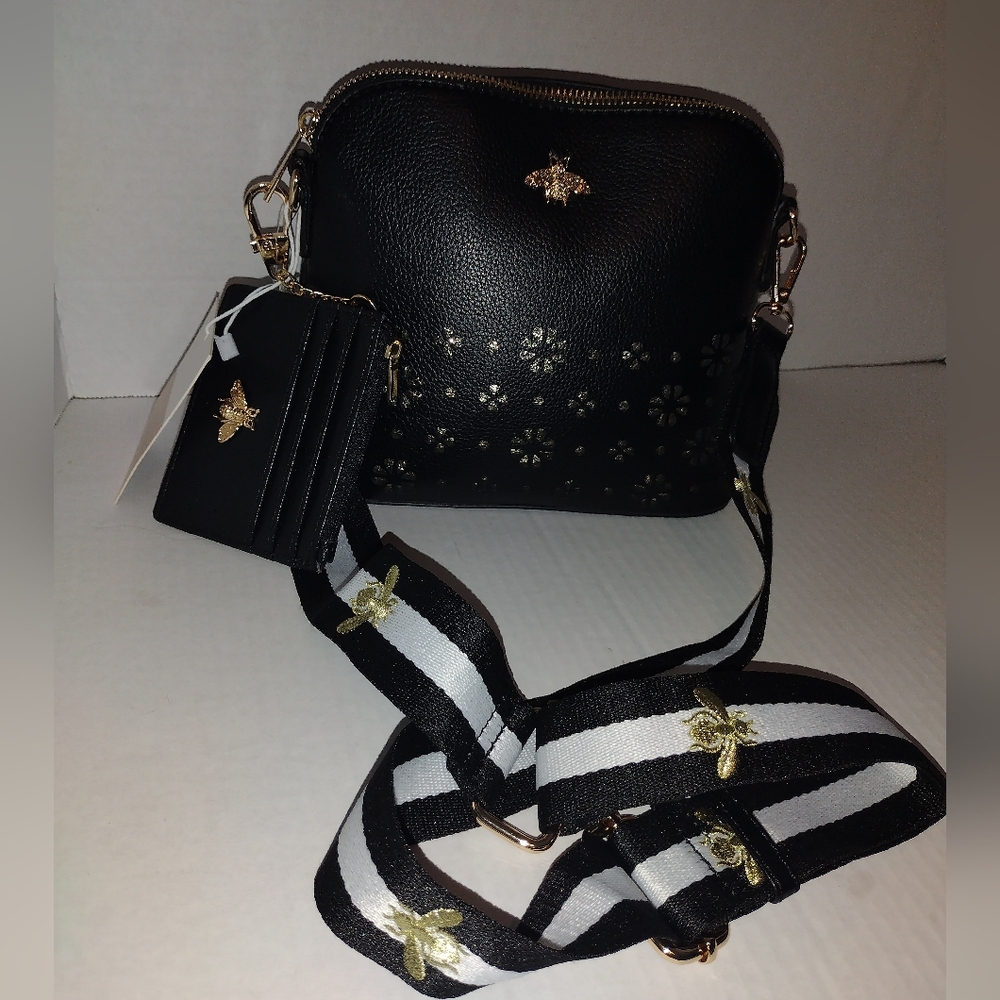 Black Crossbody Bag with Gold Bee Accent